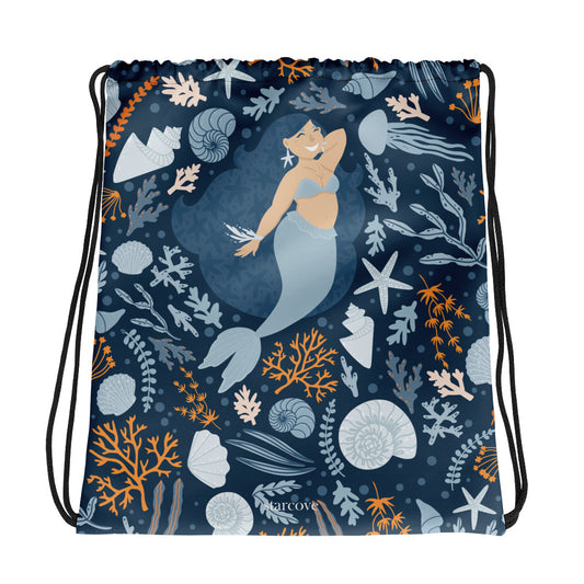 Mermaid Drawstring bag, Blue Starfish Sea Ocean Swim Seashell Gym School Backpack Gift Starcove Fashion