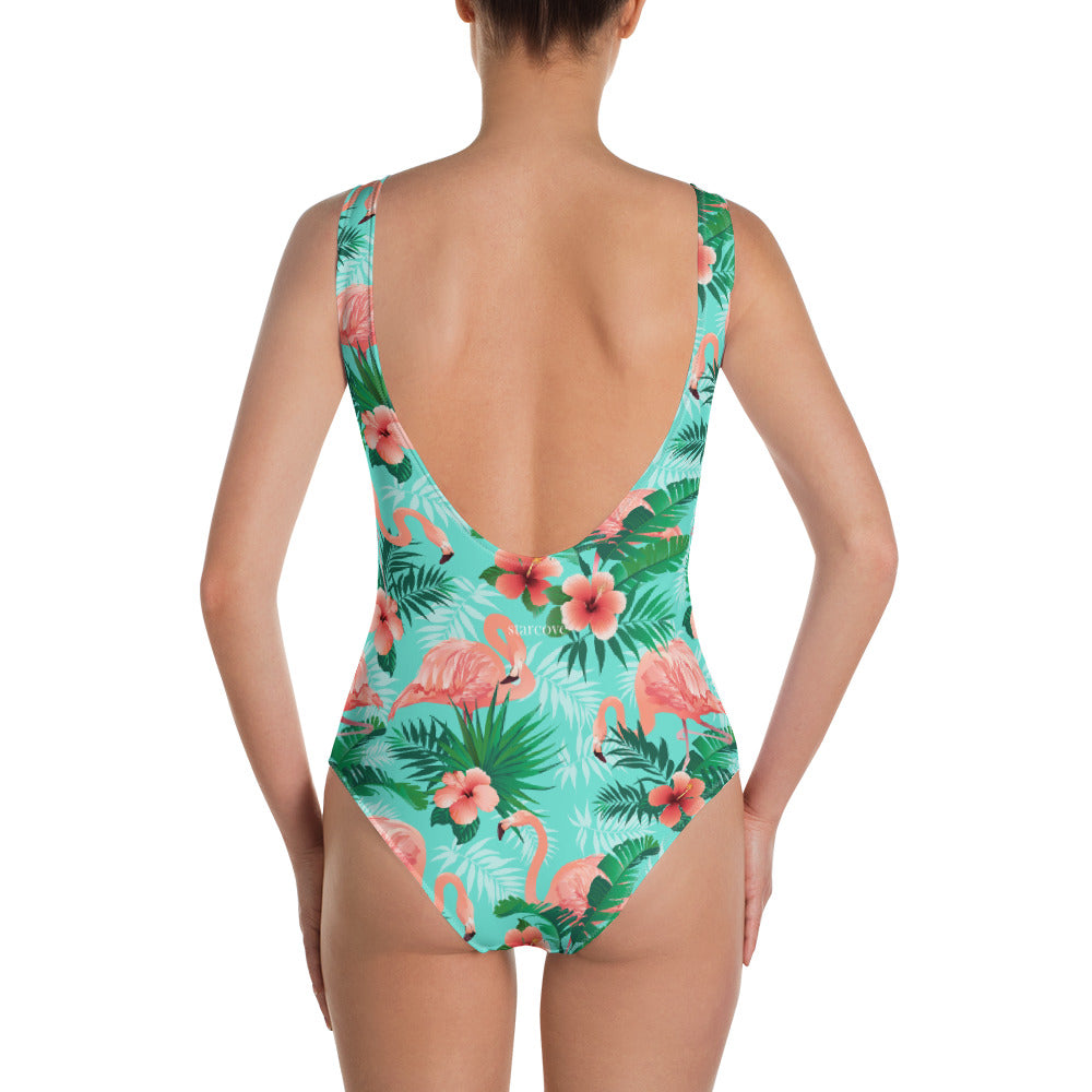 Flamingo Swimsuit, Green Pink Flower Tropical Print One Piece Bathing Suit for Women Cute Sexy Designer Swim Swimming Swimwear Starcove Fashion