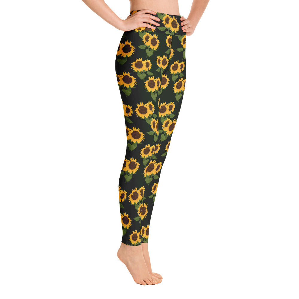 Sunflower Print Yoga Leggings, High Waist Black Flower Floral Printed Pants Cute Graphic Workout Gym Tights Gift Her Activewear Starcove Fashion