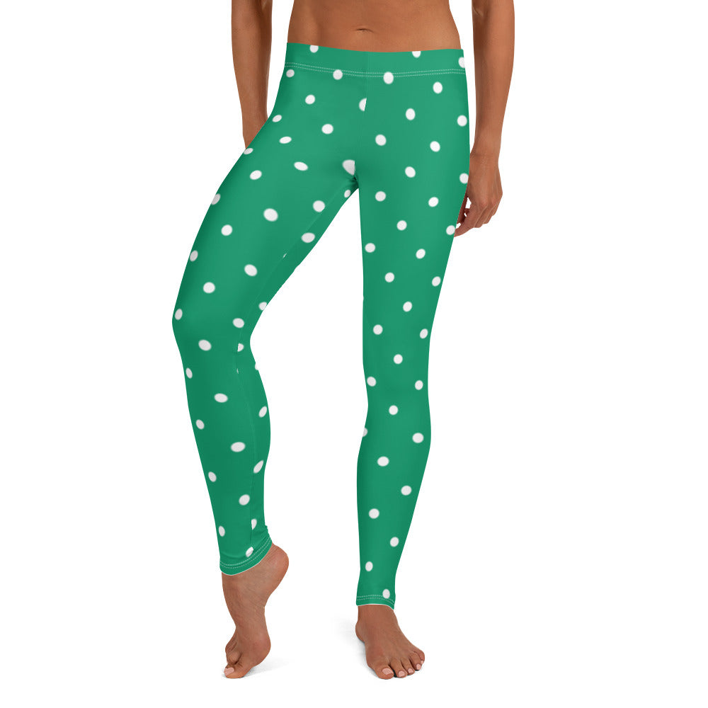 Green Polka Dot Leggings, Christmas Elf Xmas Holidays Yoga Pants, Printed Cute Graphic Workout Ugly Sweater Party Leggings Starcove Fashion