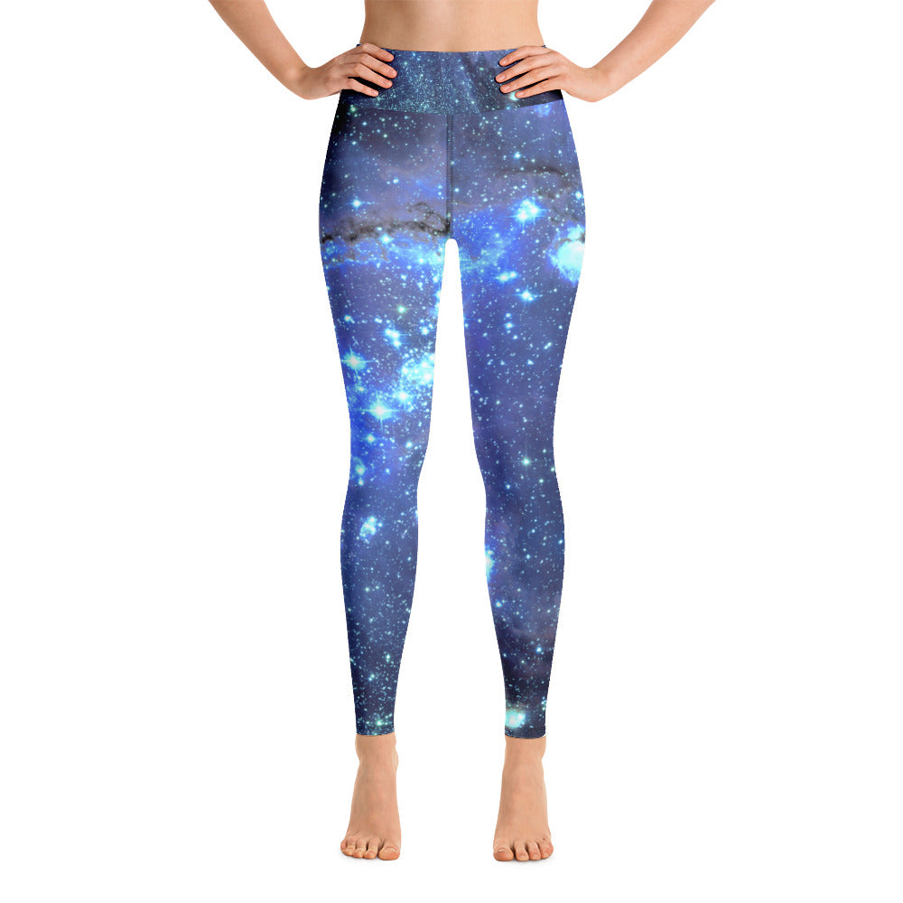 Galaxy Leggings, Yoga Space Print Pants, Blue Cosmic Celestial Constellation Outer Star Royal High Rise Waisted Workout Leggings Starcove Fashion
