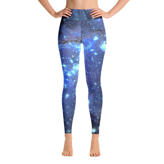 Galaxy Leggings, Yoga Space Print Pants, Blue Cosmic Celestial Constellation Outer Star Royal High Rise Waisted Workout Leggings Starcove Fashion
