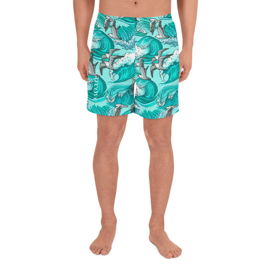 Sea Wave Men Shorts, Men's Athletic Long Swim Shorts, Seagull Surf Illustration, Matching Family Swimwear Starcove Fashion