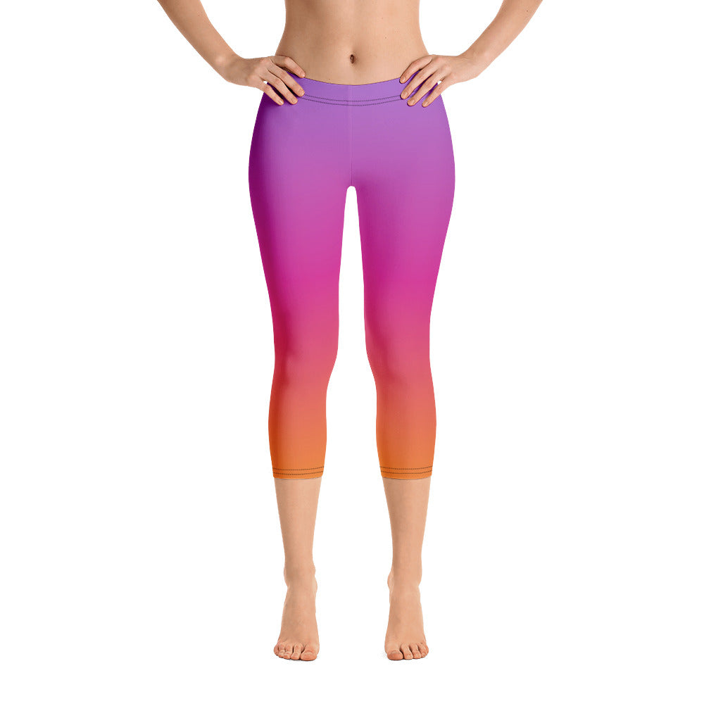 Yoga Ombre Printed Gradient Capri Leggings, Orange Coral Pink Purple, Sexy Tie dye Workout Leggings for Women Starcove Fashion