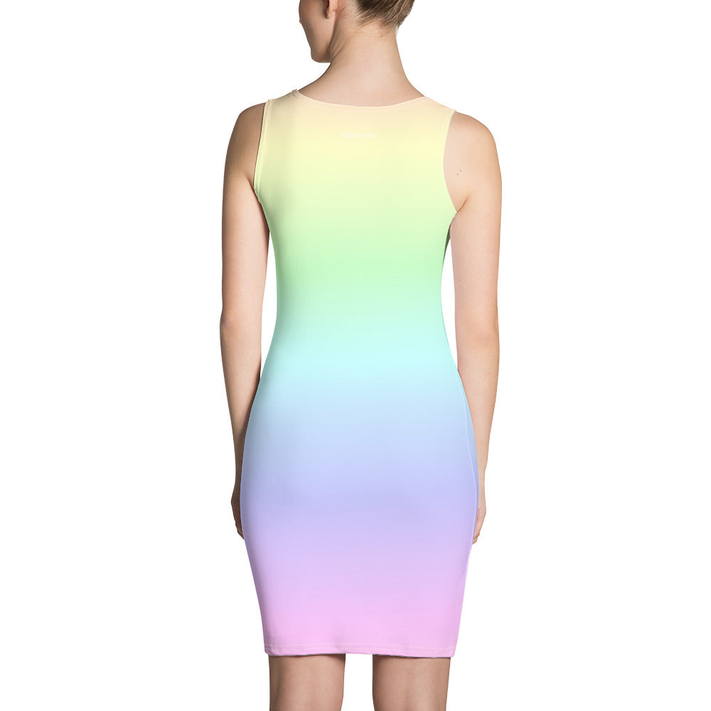 Pastel Rainbow Dress Women, Bodycon Tie Dye Ombre Pencil Fitted Homecoming Prom Pink Gradient Colorful Design Party XS