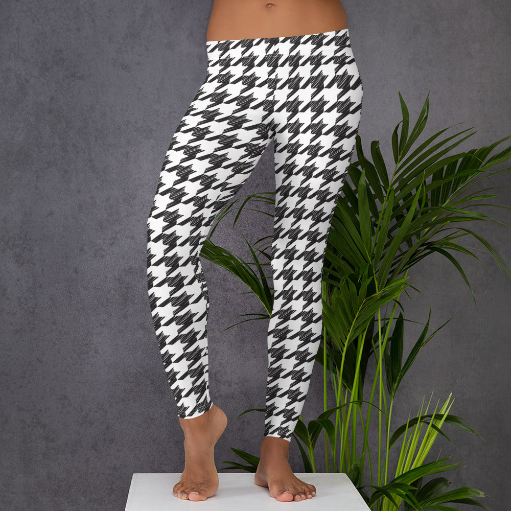 Hounds tooth Pants, Houndstooth Black White Printed Print Yoga Pants Cute Graphic Workout Running Gym Fun Designer Leggings Starcove Fashion