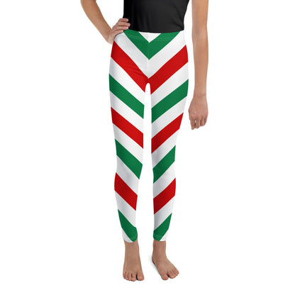 Candy Cane Youth Girls Leggings, Christmas Red White Green Stripes Striped Elf Holiday Xmas Printed Toddler Kids Pants Starcove Fashion