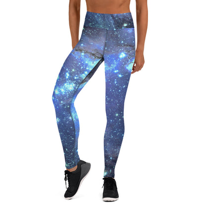 Galaxy Leggings, Yoga Space Print Pants, Blue Cosmic Celestial Constellation Outer Star Royal High Rise Waisted Workout Leggings Starcove Fashion