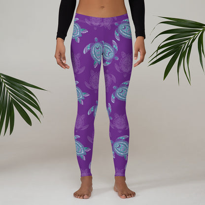 Sea Turtle Leggings, Purple Blue Ocean Printed Pattern Print Yoga Pants Cute Graphic Workout Running Gym Fun Designer Patterned Gift Starcove Fashion