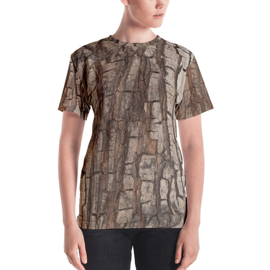 Tree Trunk Bark Print Women Shirt, Nature Hunting Wood Camo Camouflage, Forest Costumes Cosplay Women's T-shirt Starcove Fashion
