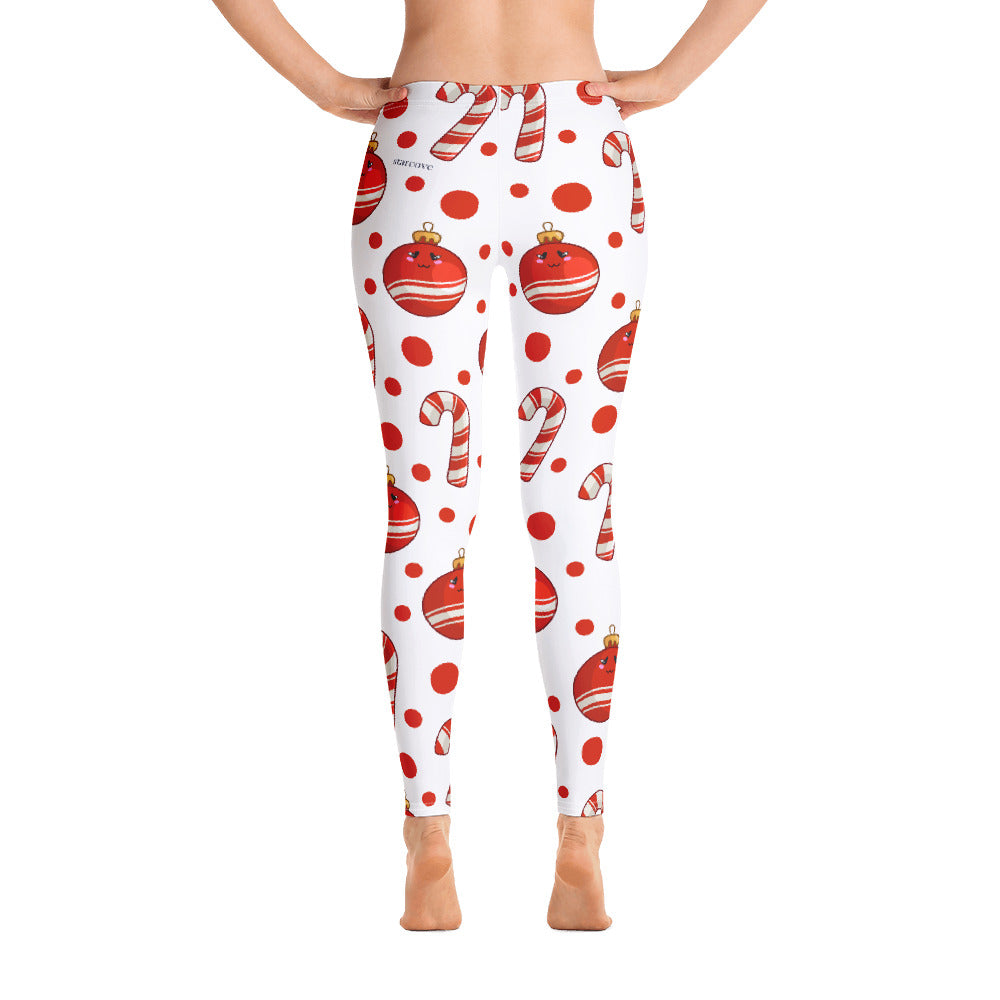 Candy Cane Christmas Leggings, White Red Sugar Cane Elf Printed Winter Holiday Ornaments Kids Mommy and Me Yoga Pants Starcove Fashion