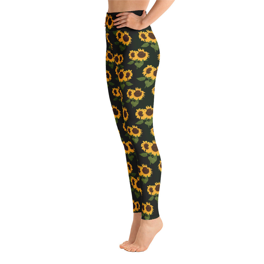Sunflower Print Yoga Leggings, High Waist Black Flower Floral Printed Pants Cute Graphic Workout Gym Tights Gift Her Activewear Starcove Fashion
