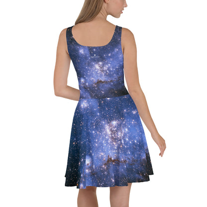 Blue Galaxy Skater Dress Women, Outer Space Print Night Sky Stars Starry Constellation Celestial Nebula Halter Festival Sleeveless Starcove Fashion