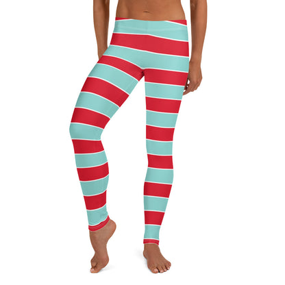 Candy Cane Leggings, Christmas Red Aqua Blue Graphic Printed Striped Winter Yoga Wear Clothing Women's Activewear Style Holiday Xmas Gift Starcove Fashion
