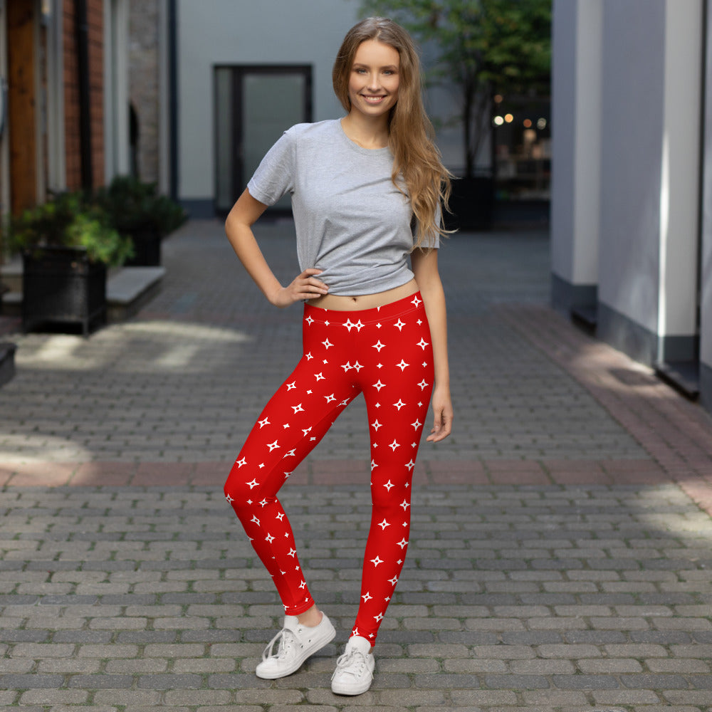 Stars Monogram Leggings, Red Printed Yoga Pants Cute Print Graphic Workout Running Gym Fun Designer Tights Gift Her Activewear Starcove Fashion
