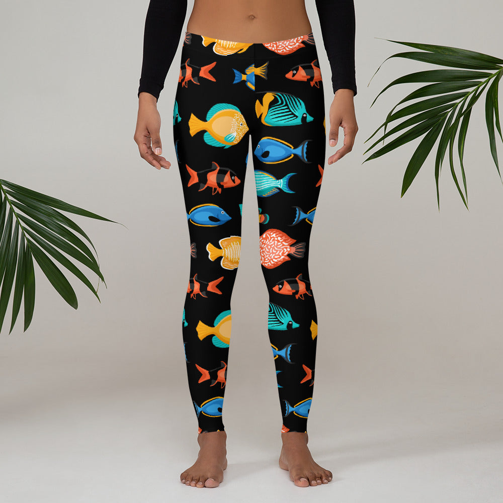 Tropical Fish Leggings, Black Angel Clown Fish Sea Ocean Printed Yoga Pants Cute Print Graphic Workout Designer Gift for Her Activewear Starcove Fashion