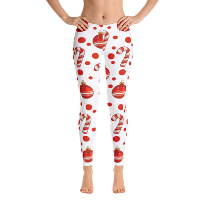 Candy Cane Christmas Leggings, White Red Sugar Cane Elf Printed Winter Holiday Ornaments Kids Mommy and Me Yoga Pants Starcove Fashion