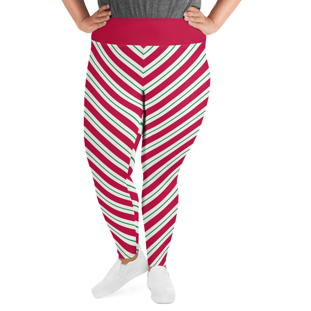 Candy Cane Plus Size Christmas Leggings, Holiday Printed Elf Santa