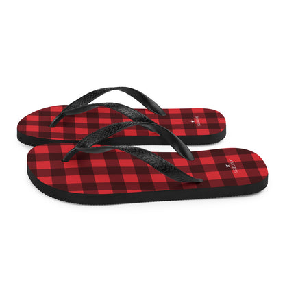 Red Buffalo Plaid Flip-Flops, Checkered Check Square Pattern Thong Sandals Women Men Beach Shoes Starcove Fashion