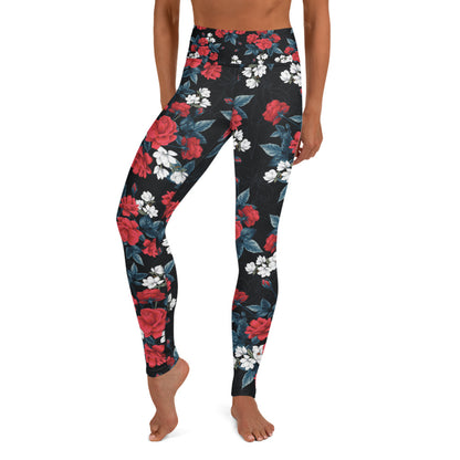 Floral Leggings for Women, Red Rose Flowers Black Yoga Pants High Rise Waisted Printed Cute Print Graphic Workout Running Gym Fun Gift Starcove Fashion