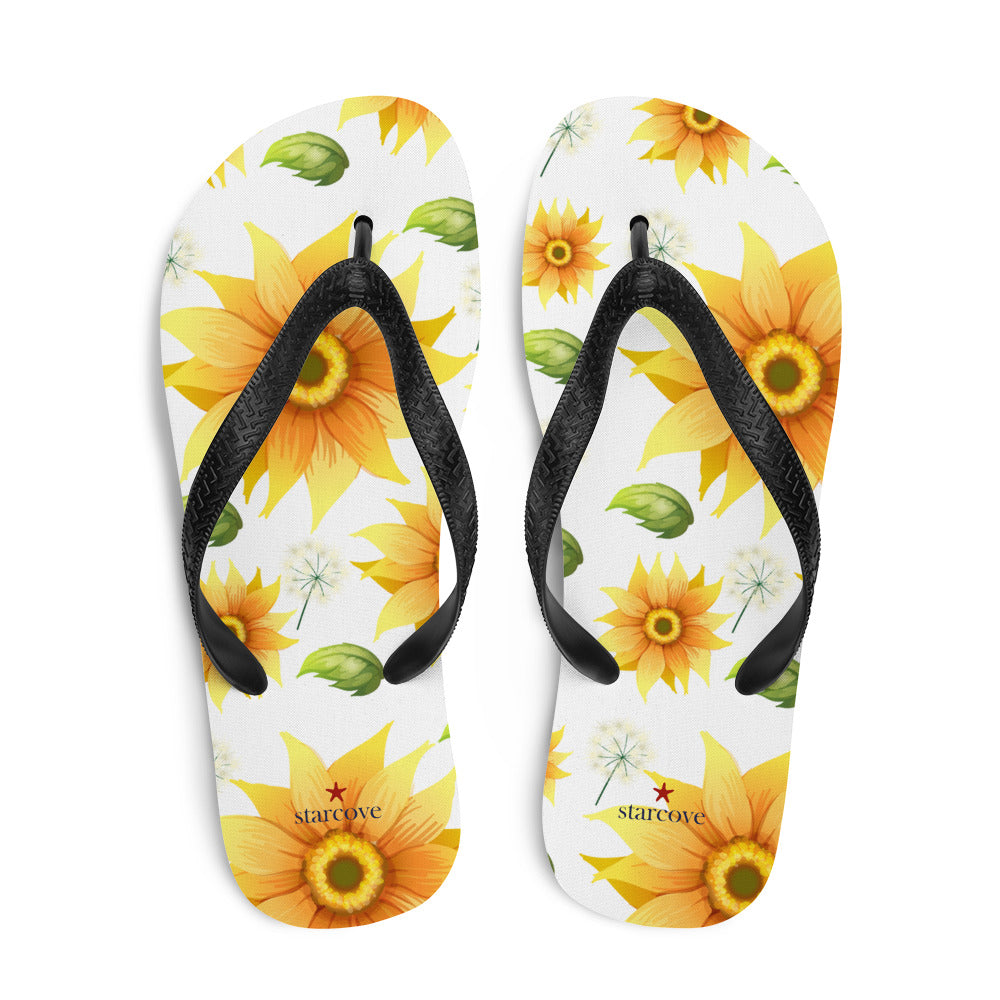 Sunflower Flip Flops, Floral Flower Footwear, White Yellow Thong Sandals, Woman Men Beach Sunflower Print Shoes Starcove Fashion