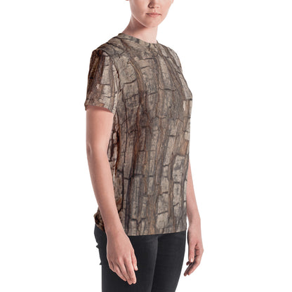Tree Trunk Bark Print Women Shirt, Nature Hunting Wood Camo Camouflage, Forest Costumes Cosplay Women's T-shirt Starcove Fashion