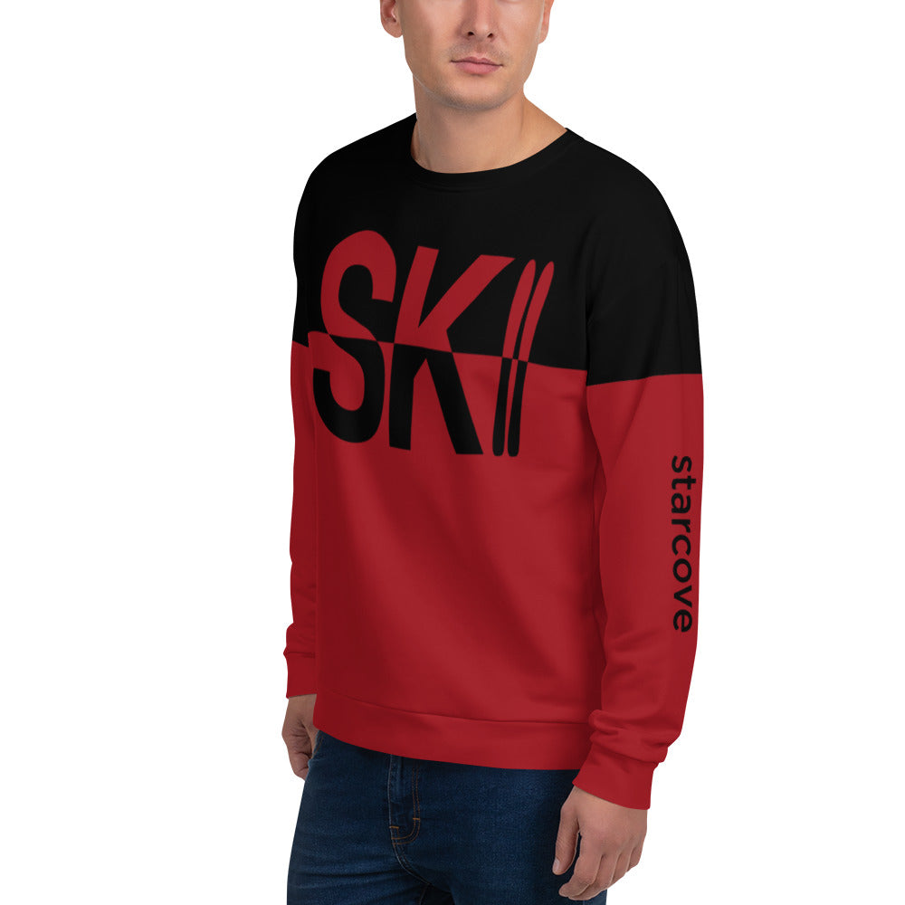 Ski Sweater Men, Vintage Skiing Sweatshirt Colorblock Red Black Apres Ski Snow Winter Mountain Pullover Sport Vacation Gift Starcove Fashion