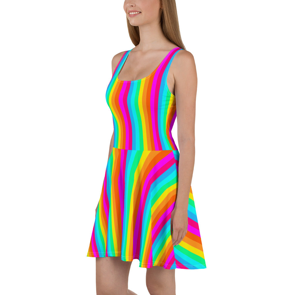 Rainbow Stripe Skater Dress Women, Fit and Flare Colorful Pride Festival Party Fun Mini Sleeveless Vertical Striped Circle Starcove Fashion