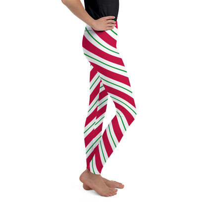Candy Cane Girls Leggings (8-20), Red Green Christmas Graphic Printed Striped Winter Yoga Wear Clothing Youth Activewear Holiday Xmas Gift Starcove Fashion
