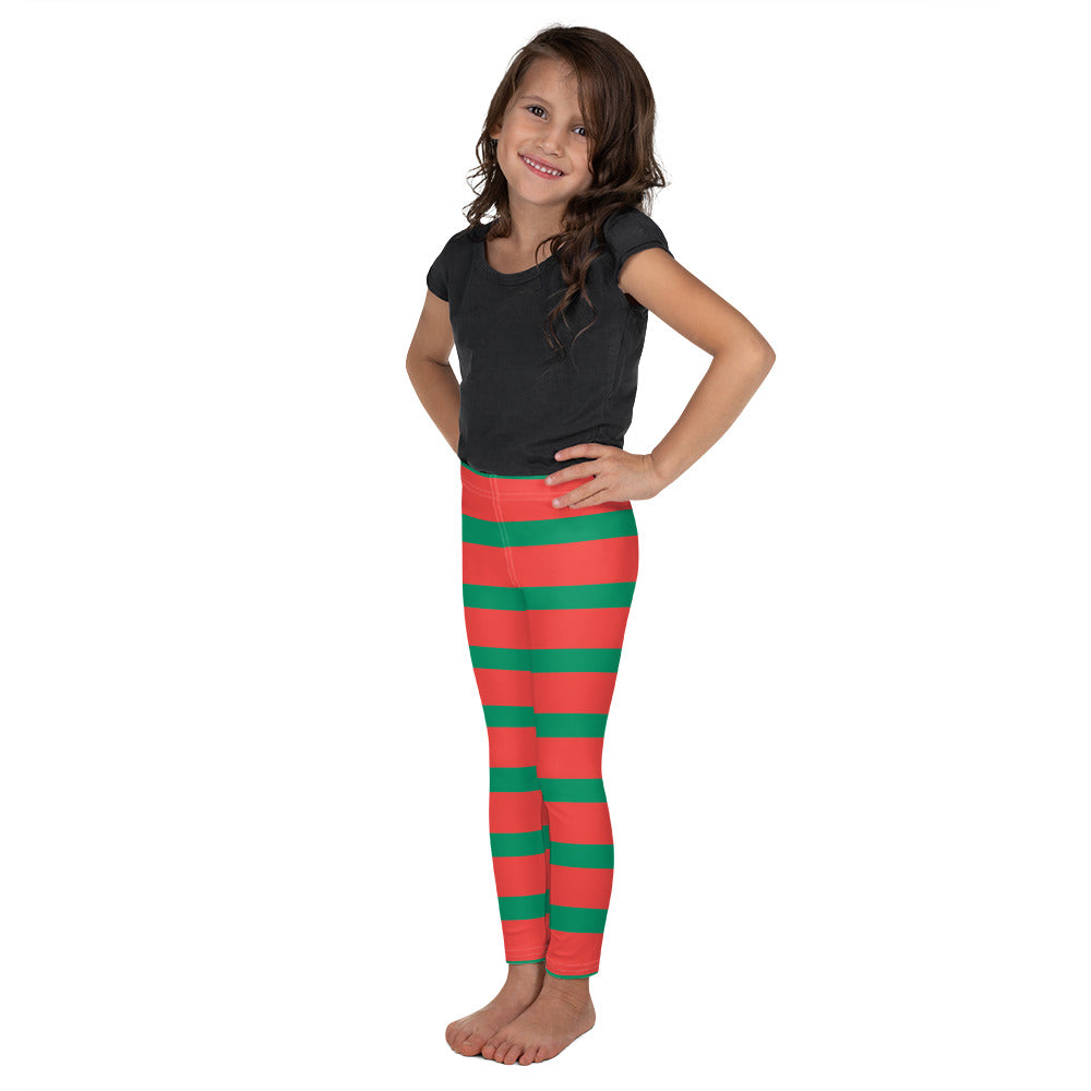 Elf Red Green Striped Kids Girls Leggings (2T-7), Christmas Party Santa Xmas Holiday Costume Printed Graphic Yoga Pants Cute Workout Starcove Fashion