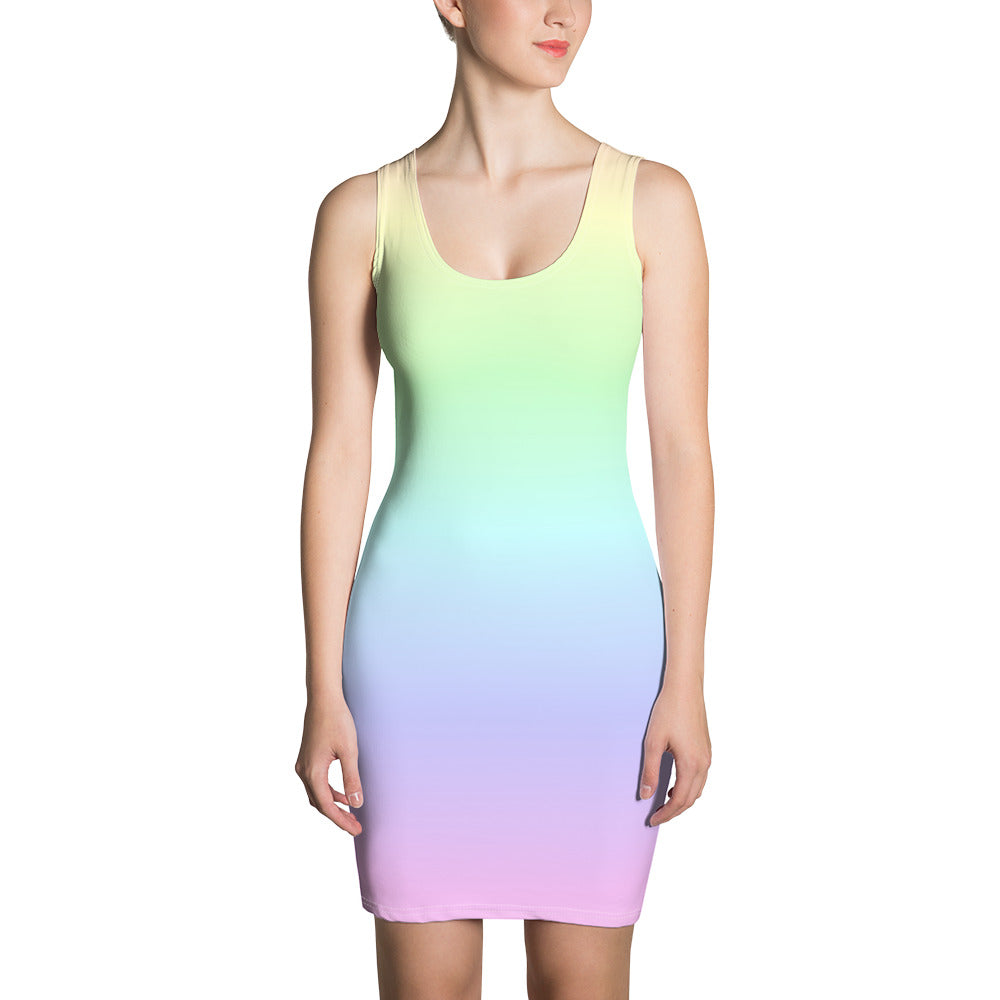 Pastel Rainbow Dress Women, Bodycon Tie Dye Ombre Pencil Fitted Homecoming Prom Pink Gradient Colorful Design Party XS