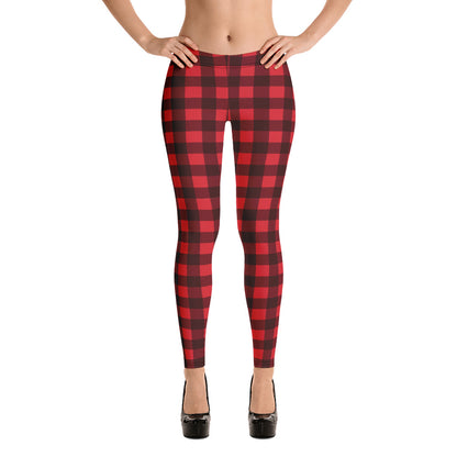 Red Buffalo Plaid Leggings for Women, Cute Printed Holiday Christmas Check Workout Lumberjack Mid Rise Yoga Pants Starcove Fashion