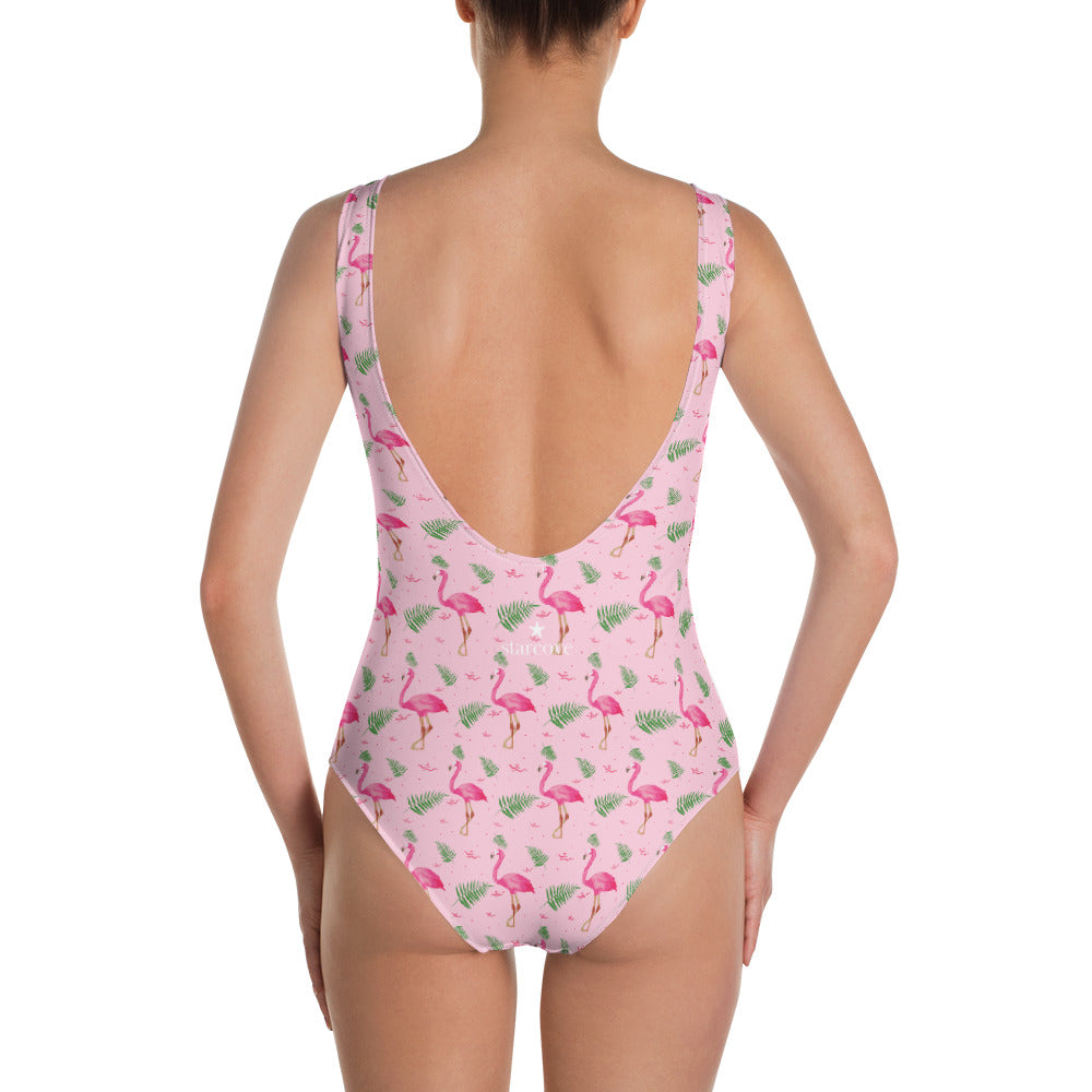 Pink Flamingo One Piece Swimsuit Woman, Cute Designer Pool Party Sexy Tropical Print Swimwear Bathing Suit Flamingle Swimming Starcove Fashion