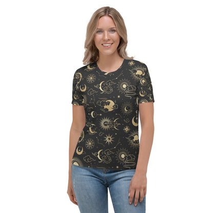 Moon Stars Sun black Gold Women's T-shirt, Cute Asian Graphic design Celestial Constellation Clouds Graphic Top Starcove Fashion