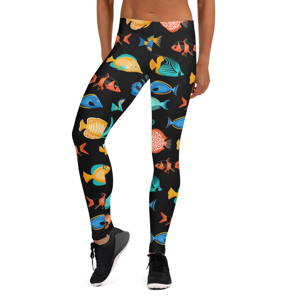 Tropical Fish Leggings, Black Angel Clown Fish Sea Ocean Printed Yoga Pants Cute Print Graphic Workout Designer Gift for Her Activewear Starcove Fashion