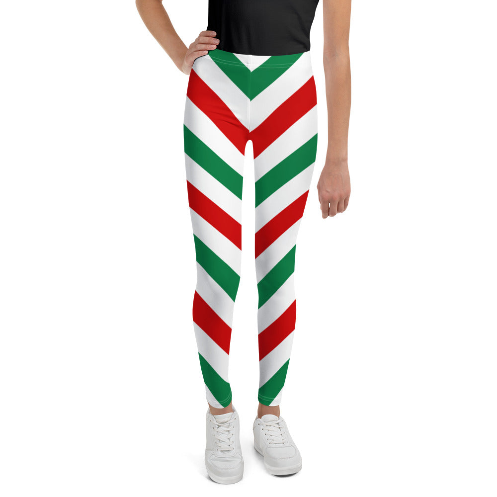 Candy Cane Youth Girls Leggings, Christmas Red White Green Stripes Striped Elf Holiday Xmas Printed Toddler Kids Pants Starcove Fashion