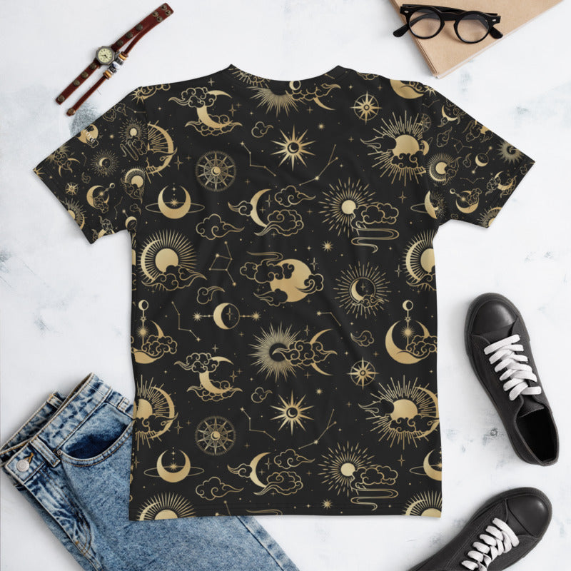 Moon Stars Sun black Gold Women's T-shirt, Cute Asian Graphic design Celestial Constellation Clouds Graphic Top Starcove Fashion
