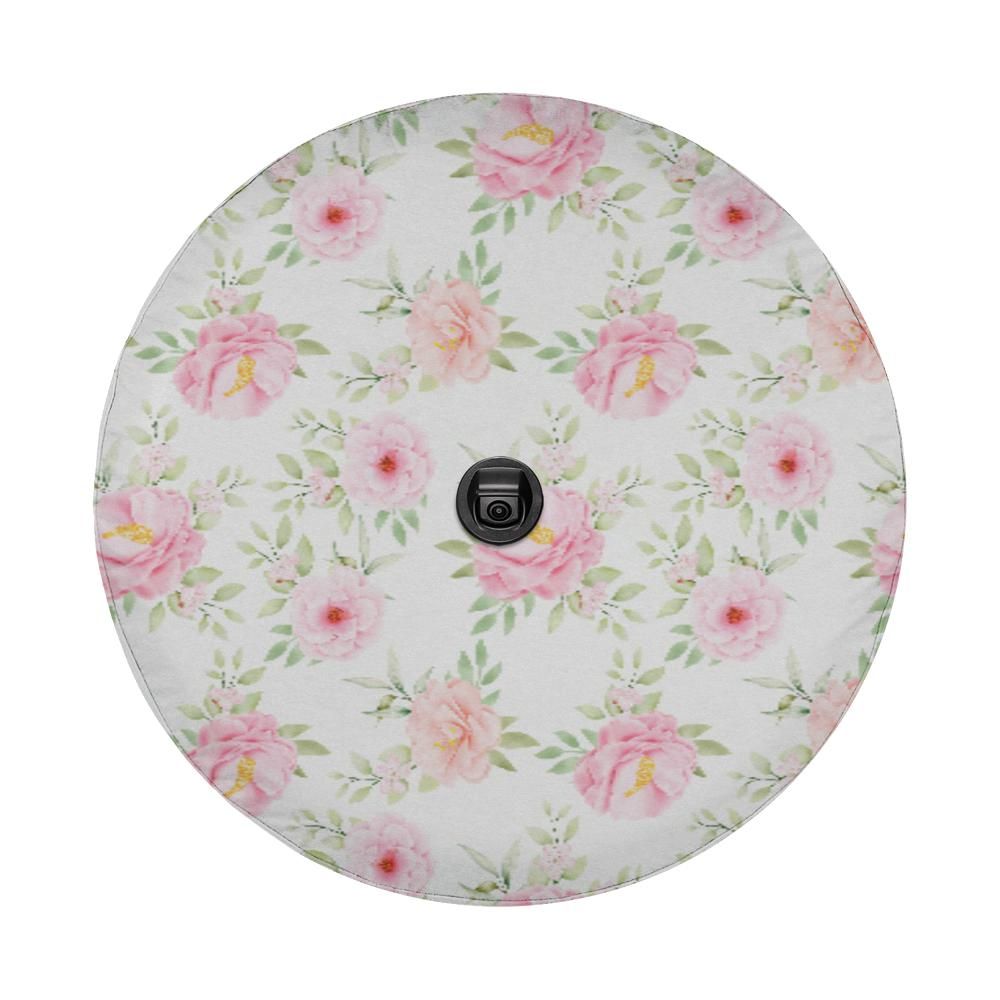Pink Flowers Spare Tire Cover, Floral White Wheel Accessories Custom Unique Design Backup Camera Hole Trailer Back Women Gift