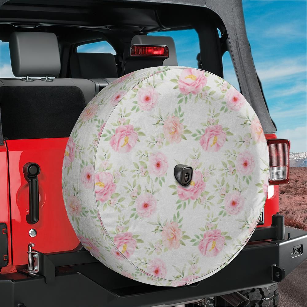 Pink Flowers Spare Tire Cover, Floral White Wheel Accessories Custom Unique Design Backup Camera Hole Trailer Back Women Gift Starcove Fashion