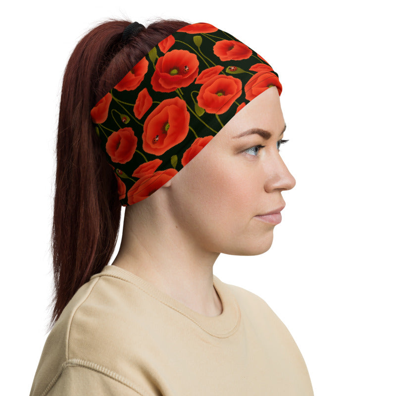 Wild Poppy Flower Face Mask Neck Gaiter, Red Floral Face Cover Scarf Headband Fashion Cloth Bandanna Balaclava Made In USA Starcove Fashion
