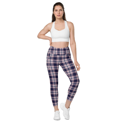 Plaid Women Leggings with Pockets, Purple Pink Tartan Printed Yoga Pants Graphic Workout Running Gym Designer Plus Size Tights Starcove Fashion
