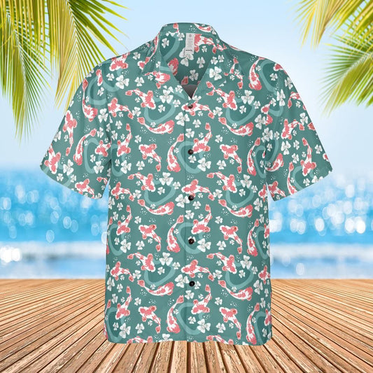 Koi Fish Men Hawaiian Shirt, Flowers Floral Green Print Vintage Retro Summer Hawaii Aloha Tropical Beach Plus Size Cool Button Up Shirt Starcove Fashion