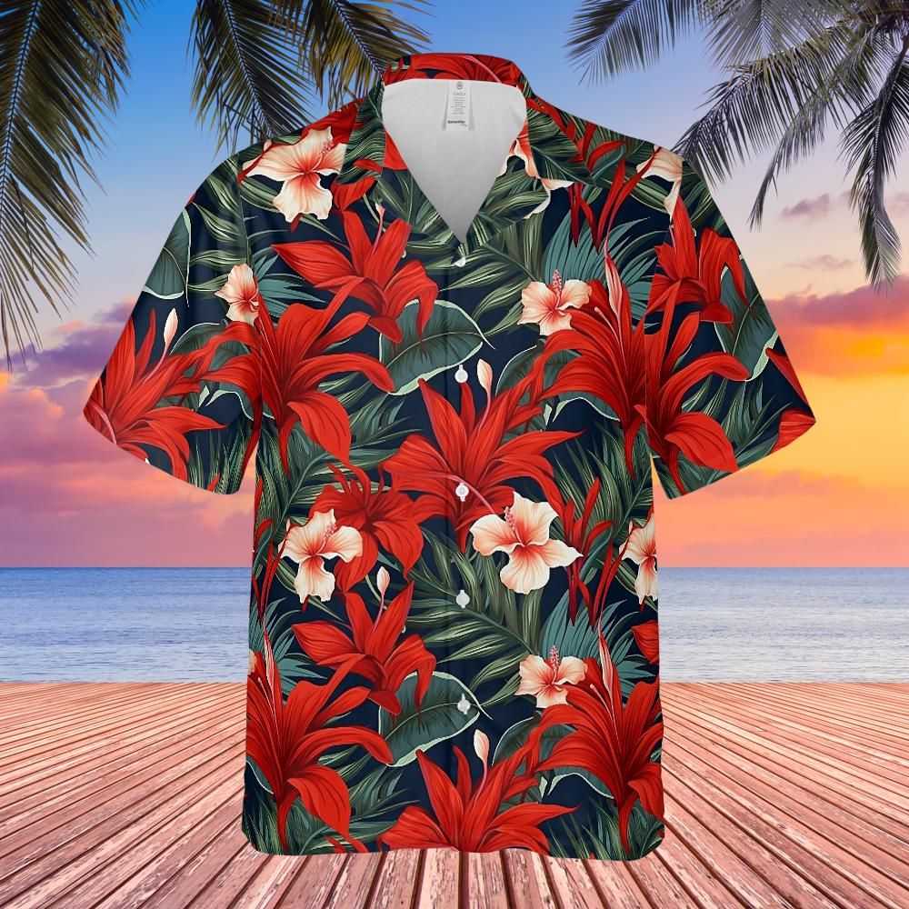 Starcove Red Tropical Flowers Men Hawaiian Shirt, Floral Print Vintage Summer Hawaii Aloha Moisture Wicking Beach Plus Size Cool Button Up Shirt Short Sleeve