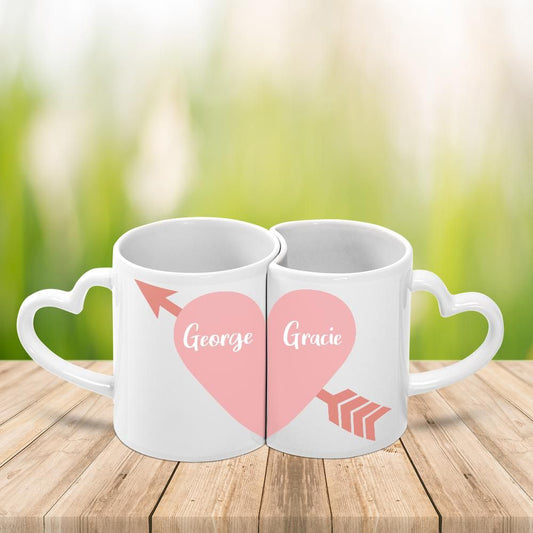 Personalized Heart Shaped Mug Set of 2, Custom Name Valentine's Day Vday Gift Couple His and Hers Matching Coffee Cups Bridal Wedding