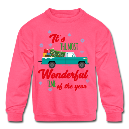 Red Christmas Truck Youth Kids Sweatshirt, Ugly Xmas Sweater Most Wonderful Time Year Farmhouse Snow Tree Boys Girls Starcove Fashion