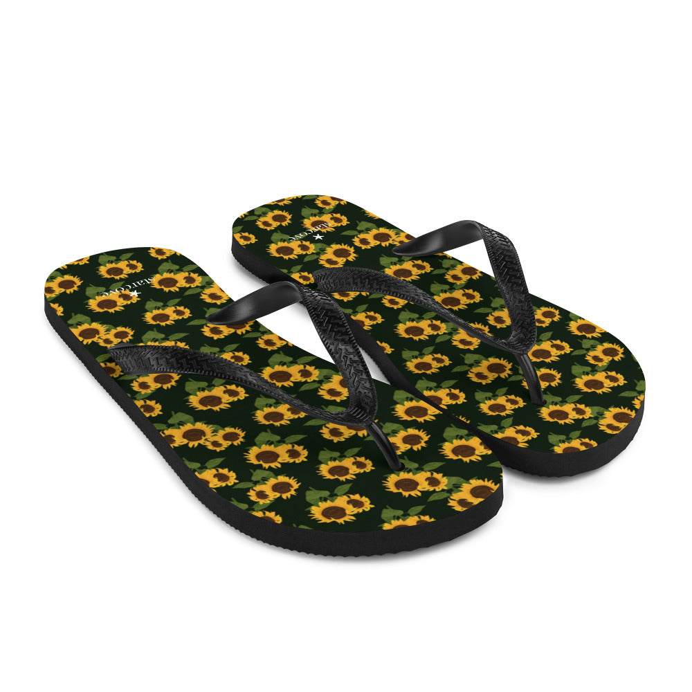 Sunflower Flip Flops, Floral Flower Footwear, Black Yellow Thong Sandals Summer Woman Men Beach Sunflower Print Shoes Starcove Fashion