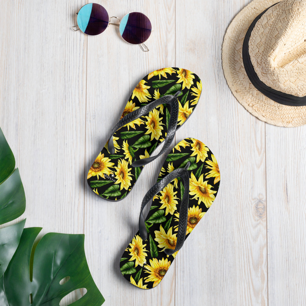 Sunflower Flip Flops, Floral Flower Footwear Green Tropical Yellow Flowers Thong Sandals Summer Woman Men Beach Print Shoes Starcove Fashion