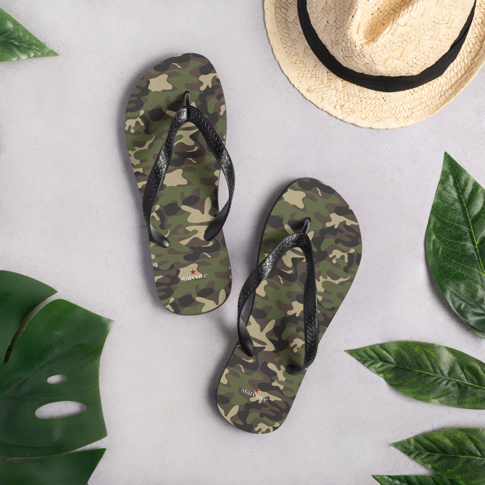 Camo Flip Flops, Camouflage Army Green Comfortable Footwear Thong Sandals Summer Woman Men Beach Print Rubber Slip On Shoes Starcove Fashion