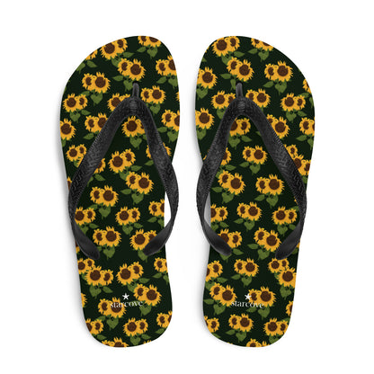 Sunflower Flip Flops, Floral Flower Footwear, Black Yellow Thong Sandals Summer Woman Men Beach Sunflower Print Shoes Starcove Fashion