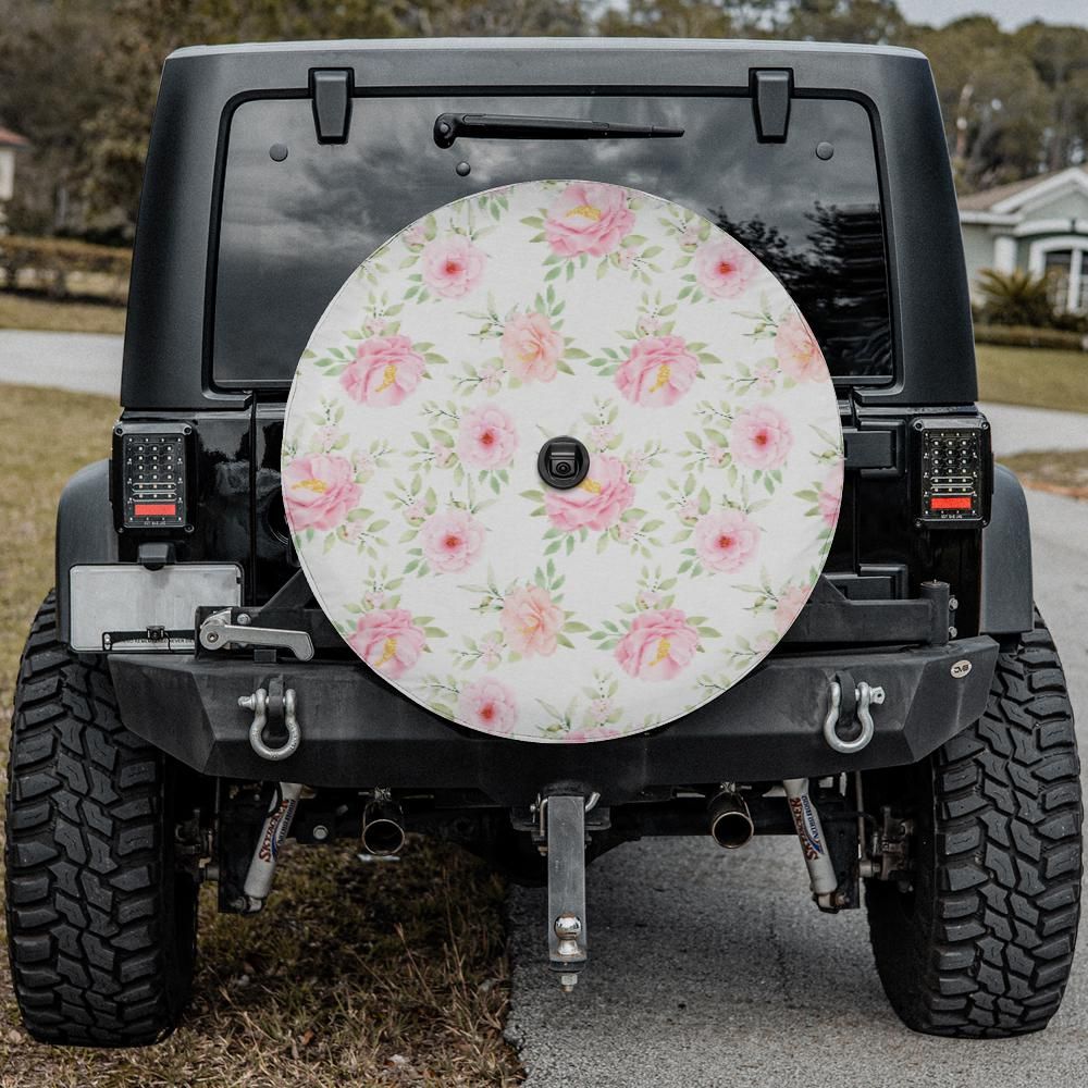 Pink Flowers Spare Tire Cover, Floral White Wheel Accessories Custom Unique Design Backup Camera Hole Trailer Back Women Gift Starcove Fashion